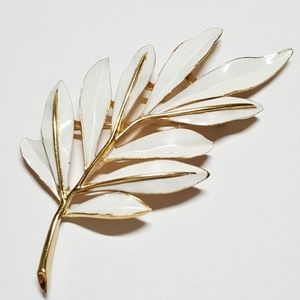 Vintage signed Trifari White Enamel Leaf Brooch